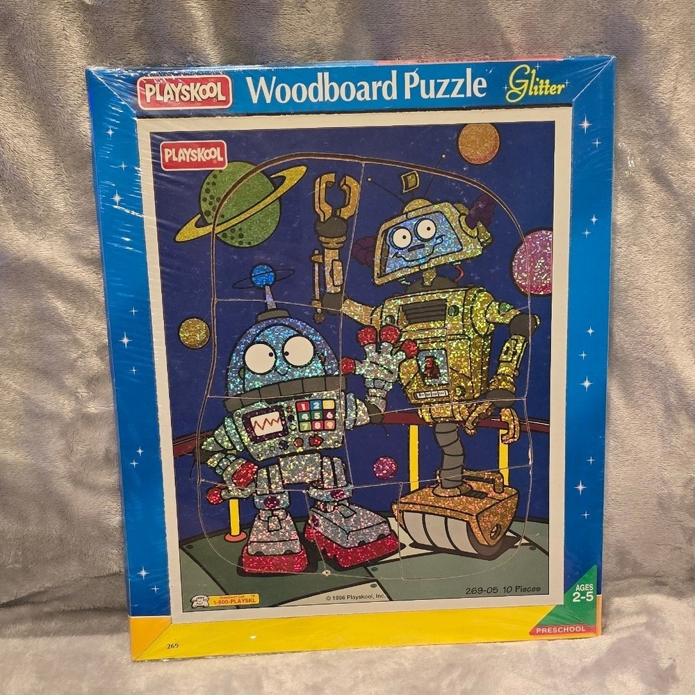 Vintage 1996 Playskool Woodboard Puzzle Glitter Robots Space 10 Piece 269-05 NEW